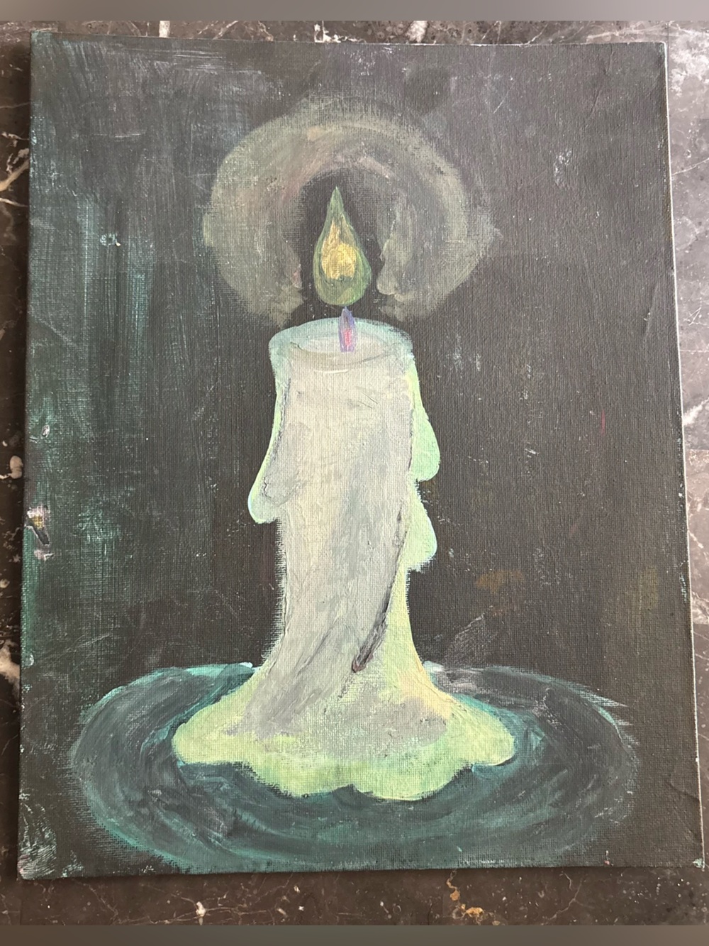 Hand-Painted Candle Canvas Art - Green and Black